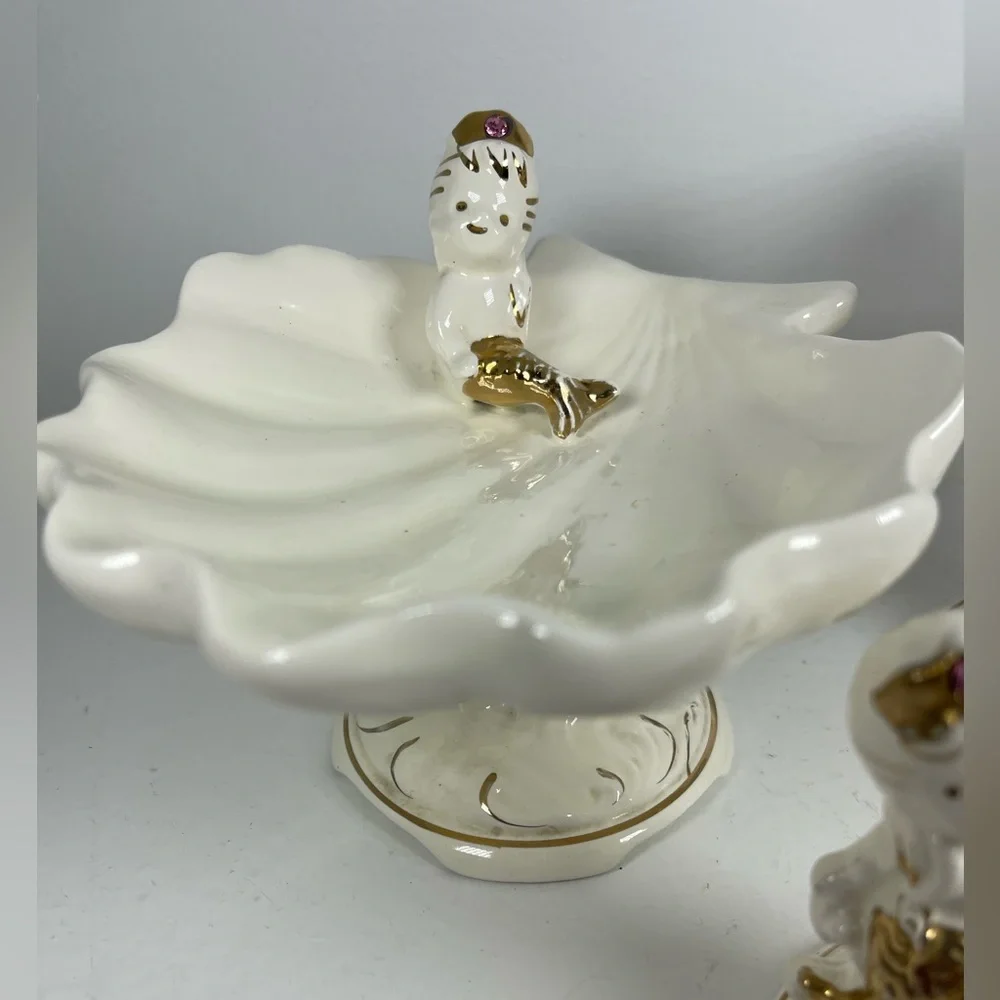 Vintage Napco Princess mermaid all ceramic 3 piece bathroom set Mid century RARE